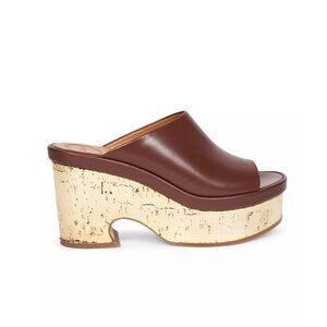 Chloe Oil Leather Cork Mule Platform Sandals Womens 41 Brown Gold Leather Slides